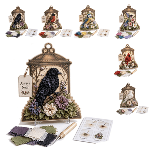 Always Near 3D Fabric Poke Art Memory Lantern Kit, Complete Memorial Craft Set with Red Bird Design & Pre-Punched Board, Relaxing Activity for Emotional Wellness (Crow)