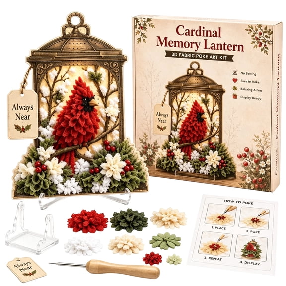 Always Near 3D Fabric Poke Art Memory Lantern Kit, No-Sew DIY Fabric Poke Set with Lantern Display, Calming Craft for Grief Healing & Sympathy Expression (Cardinal)