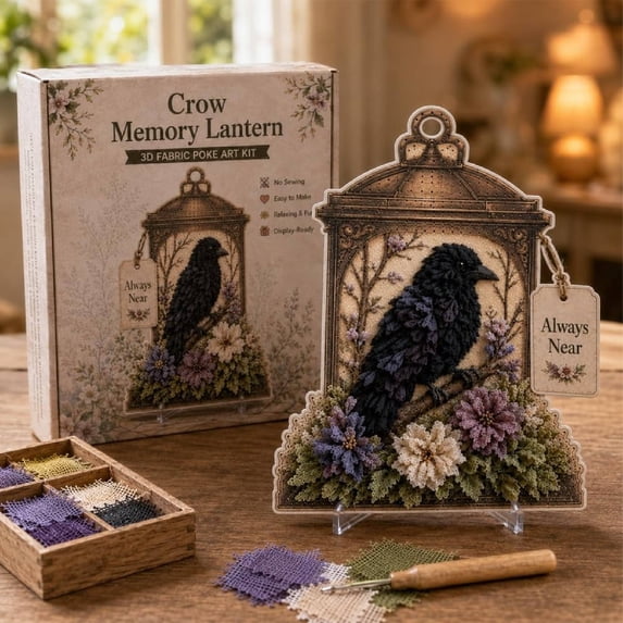Always Near 3D Fabric Poke Art Memory Lantern Kit, Summer Home Decor | DIY Bird Vintage Floral Berry Craft Project for Adult Beginner Handmade Hobby Gift, Whimsical Cottage( Crow)
