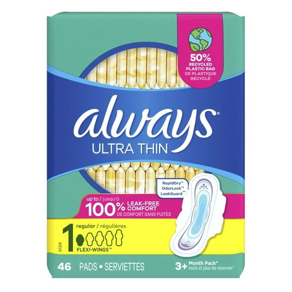 Always Pads Size 1 Ultra Thin 46 Count Regular (Pack of 2)