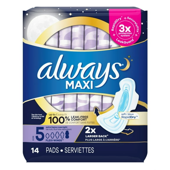 Always Pads Size 5 Maxi 14 Count Extra Heavy Overnight (Pack of 2)