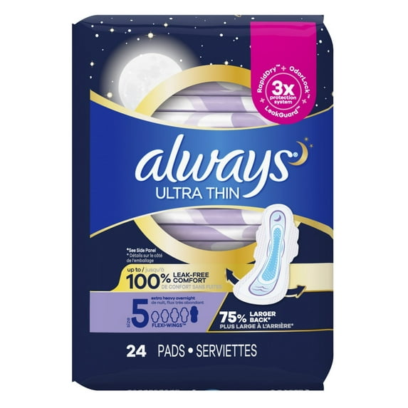 Always Pads Size 5 Ultra Thin 24 Count Extra Heavy Overnight (Pack of 2)