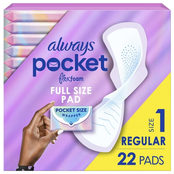 Always Pocket Feminine Pads with FlexFoam, Size 1, Regular, with Wings, Unscented, 22 Count