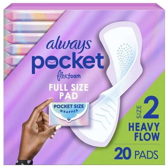 Always Pocket Feminine Pads with FlexFoam, Size 2, Heavy Flow, with Wings, Unscented, 20 Count