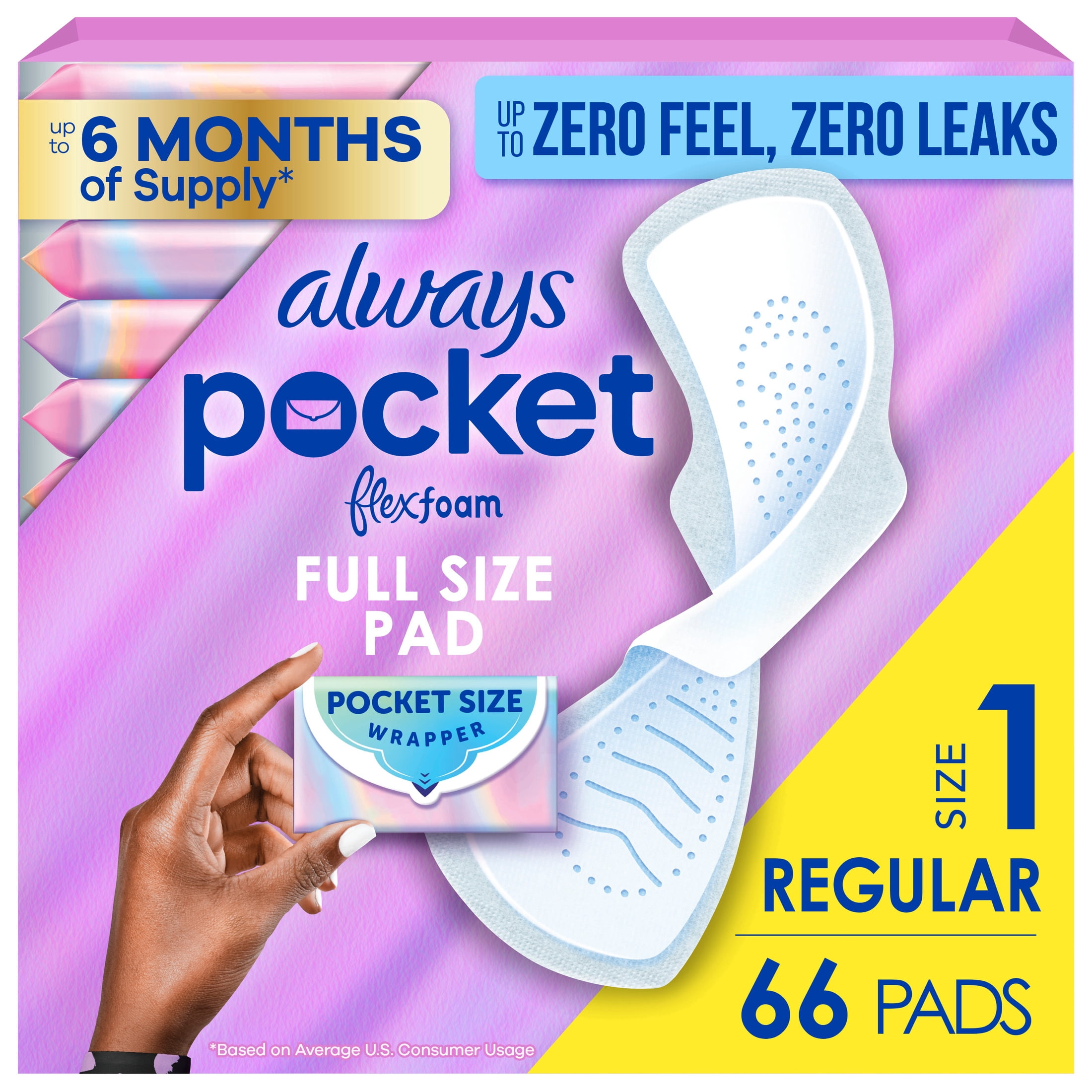 Always Pocket FlexFoam Pads, Size 1, Regular, Wings, Unscented, 66 Count