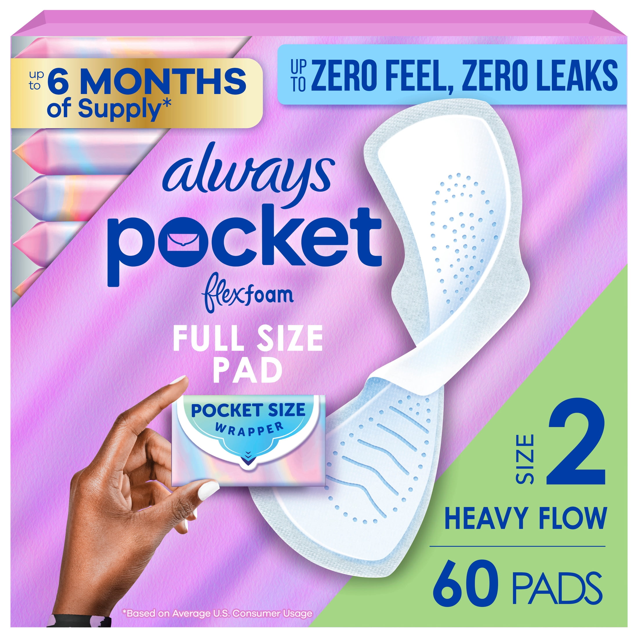 Always Pocket FlexFoam Pads, Size 2, Heavy, Wings, Unscented, 60 Count