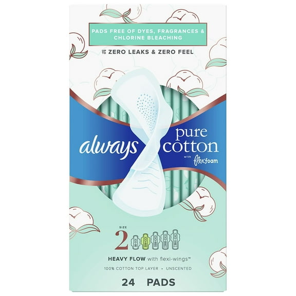 Always Pure Cotton Feminine Pads, Size 2, Heavy Flow with Wings (Pack of 14)