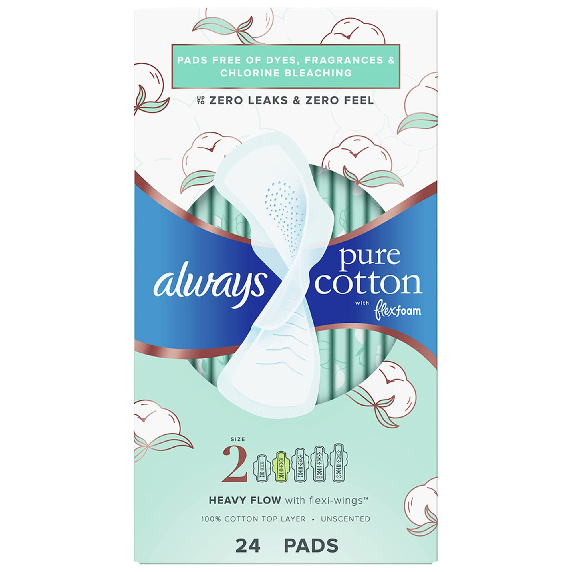 Always Pure Cotton Feminine Pads, Size 2, Heavy Flow with Wings (Pack