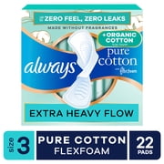 Always Pure Cotton Pads with Organic Top Layer, Size 3 Pads with Wings, Heavy Absorbency, 22 Count
