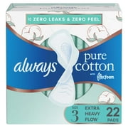 Always Pure Cotton Feminine Pads, Size 3, Extra Heavy Flow, with Wings, Unscented, 22 CT