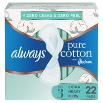 Always Pure Cotton Feminine Pads, Size 3, Extra Heavy Flow, with Wings, Unscented, 22 CT