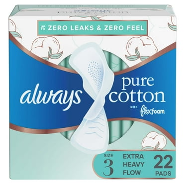 Always Pure Cotton Feminine Pads, Size 3, Extra Heavy Flow, with Wings, Unscented, 22 CT