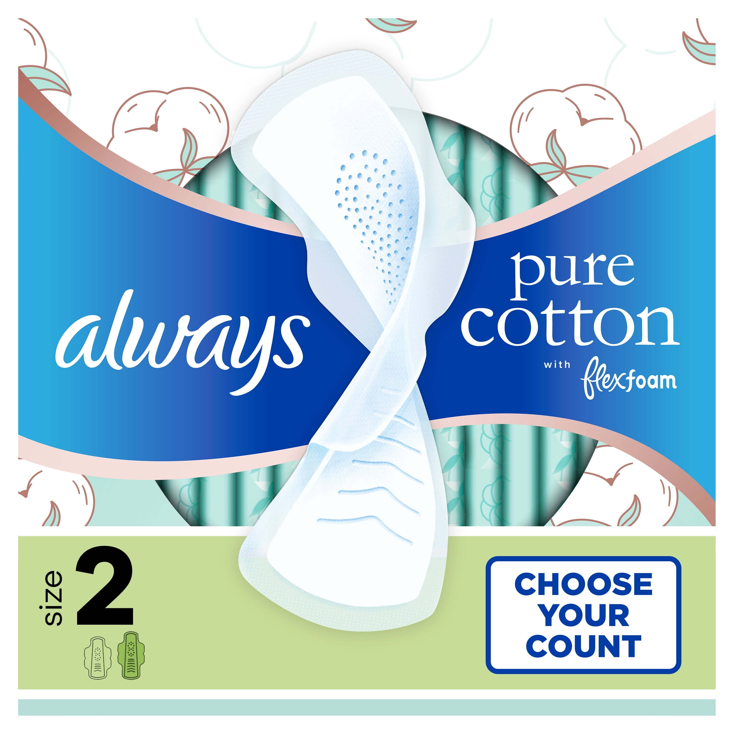 Always Pure Cotton Feminine Pads with Wings Size 2 Heavy Absorbency 24 Count