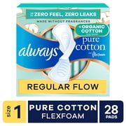Always Pure Cotton Pads with Organic Top Layer, Size 1 Pads with Wings, Heavy Absorbency, 28 Count
