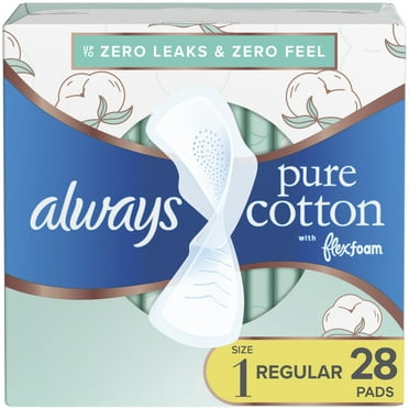 Always Pure Cotton Feminine Pads With Wings, Size 1, Regular Absorbency, 28 CT