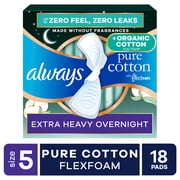Always Pure Cotton Pads with Organic Top Layer Size 5, Pad with WIngs, Extra Heavy Overnight, 18 Count
