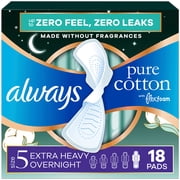 Always Pure Cotton Pads with FlexFoam, Extra Heavy Overnight, Wings, Size 5, 18 Count