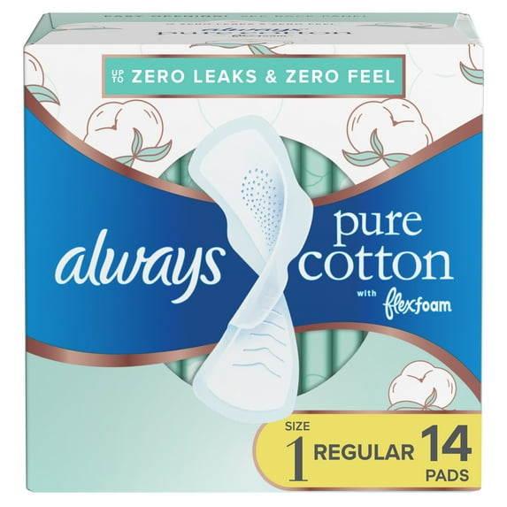 Always Pure Cotton Feminine Pads for Women, Size 1, Regular, with Wings, Unscented, 14 Ct