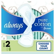 Always Pure Cotton Feminine Pads with Wings, Size 2, Heavy Absorbency, 24 Count