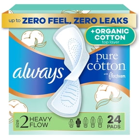Always Pure Cotton Pads with Organic Top Layer, Size 2 Pads with Wings, Heavy Absorbency, 24 Count