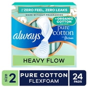 Always Pure Cotton Pads with Organic Top Layer, Size 2 Pads with Wings, Heavy Absorbency, 24 Count
