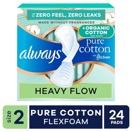 Always Pure Cotton Pads with Organic Top Layer, Size 2 Pads with Wings, Heavy Absorbency, 24 Count