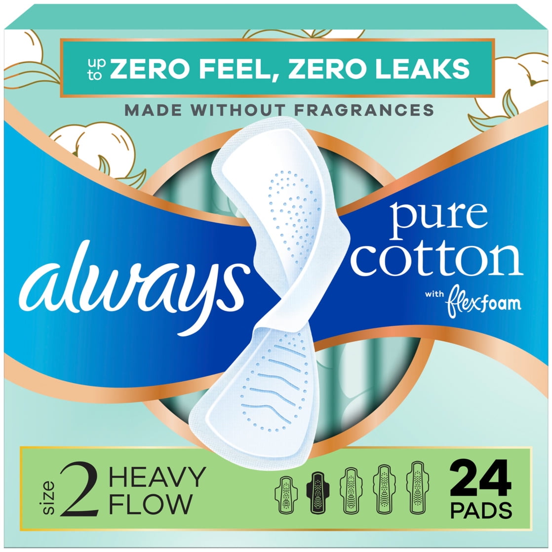 Always Pure Cotton Feminine Pads With WIngs, Size 2, Heavy Absorbency, 24 Count