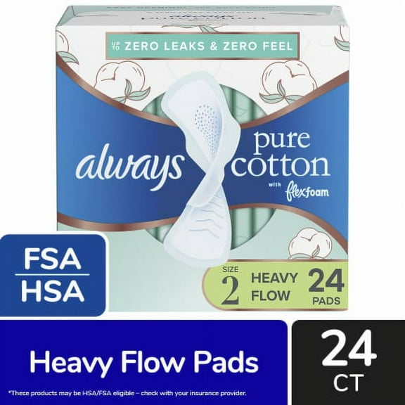 Always Pure Cotton FlexFoam Pads with Wings Heavy Flow Absorbency Size 2 Unscented