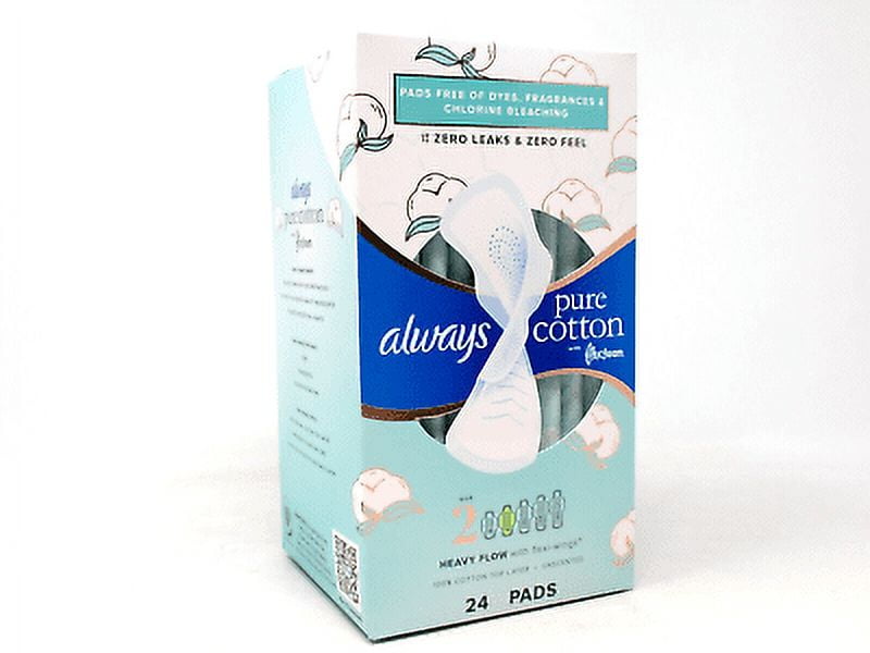 Always Pure Cotton Pads Size 2 Heavy Flow With FlexiWings 24 Count