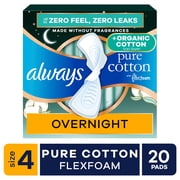 Always Pure Cotton Pads with Organic Top Layer, Size 4 Pads with Wings, Overnight, Heavy Absorbency, 20 Count