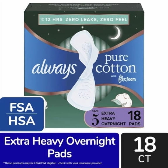 Always Pure Cotton Size 5 Heavy Overnight Unscented Pads With Wings - 18 ct