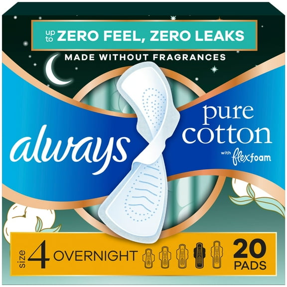 Always Pure Cotton Feminine Pads, Size 4, Overnight, Wings, Unscented, 20 Count