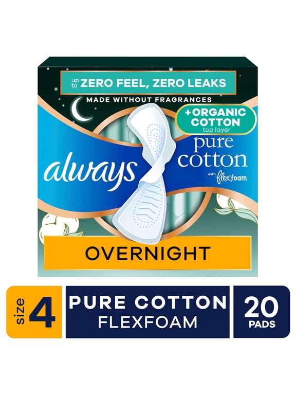 Pure Cotton Pads with Organic Top Layer, Size 4 Pads with Wings, Overnight, Heavy Absorbency, 20 Count