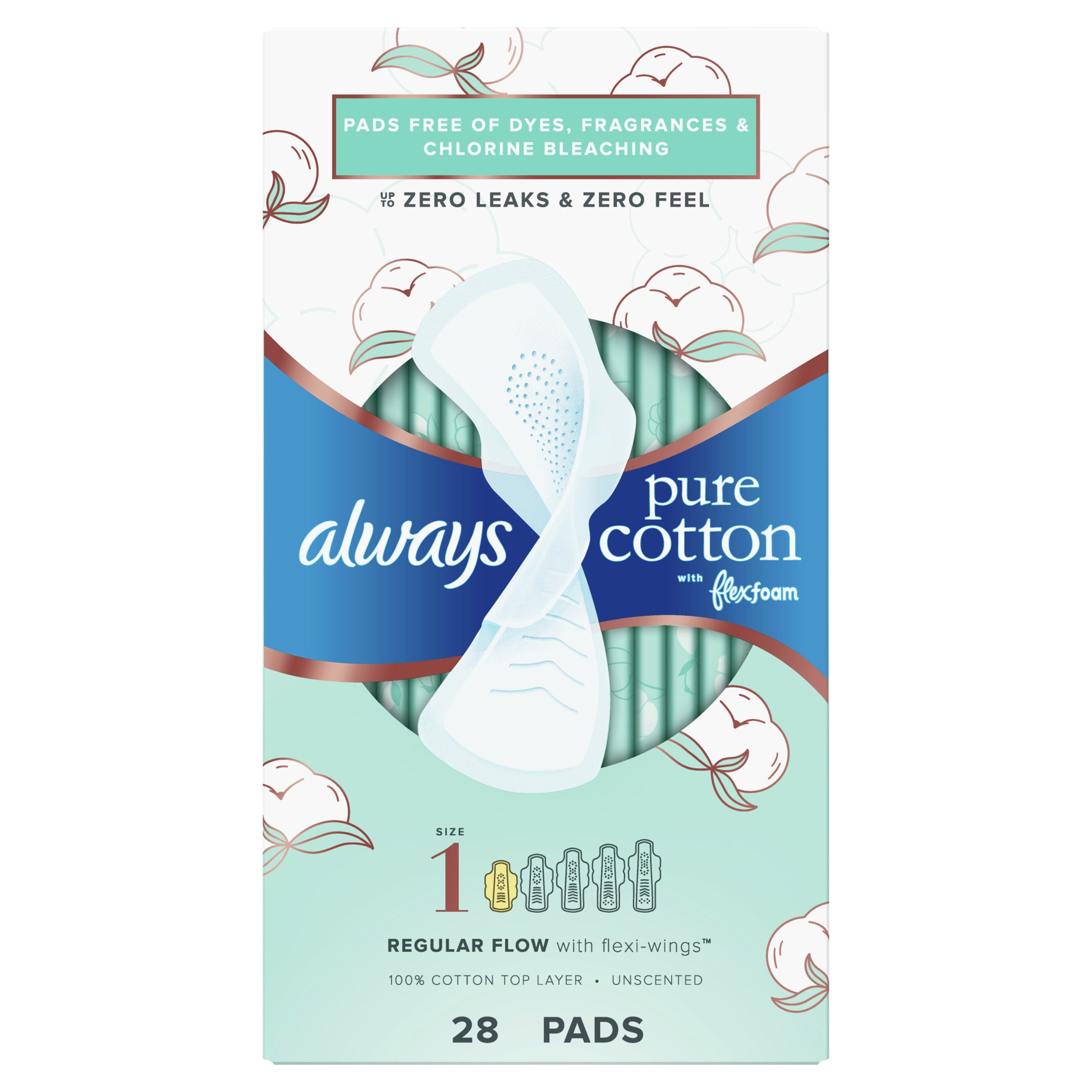Always Pure Cotton with FlexFoam Pads, Regular Absorbency, with Wings Size 1 - 28 ct Packaging may vary