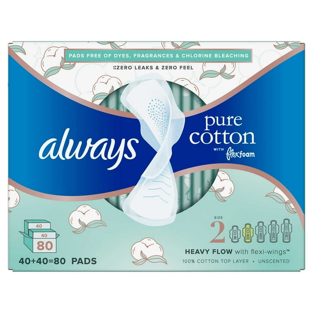 Always Pure Cotton with Flexfoam Pads, Size 2, 80 Count