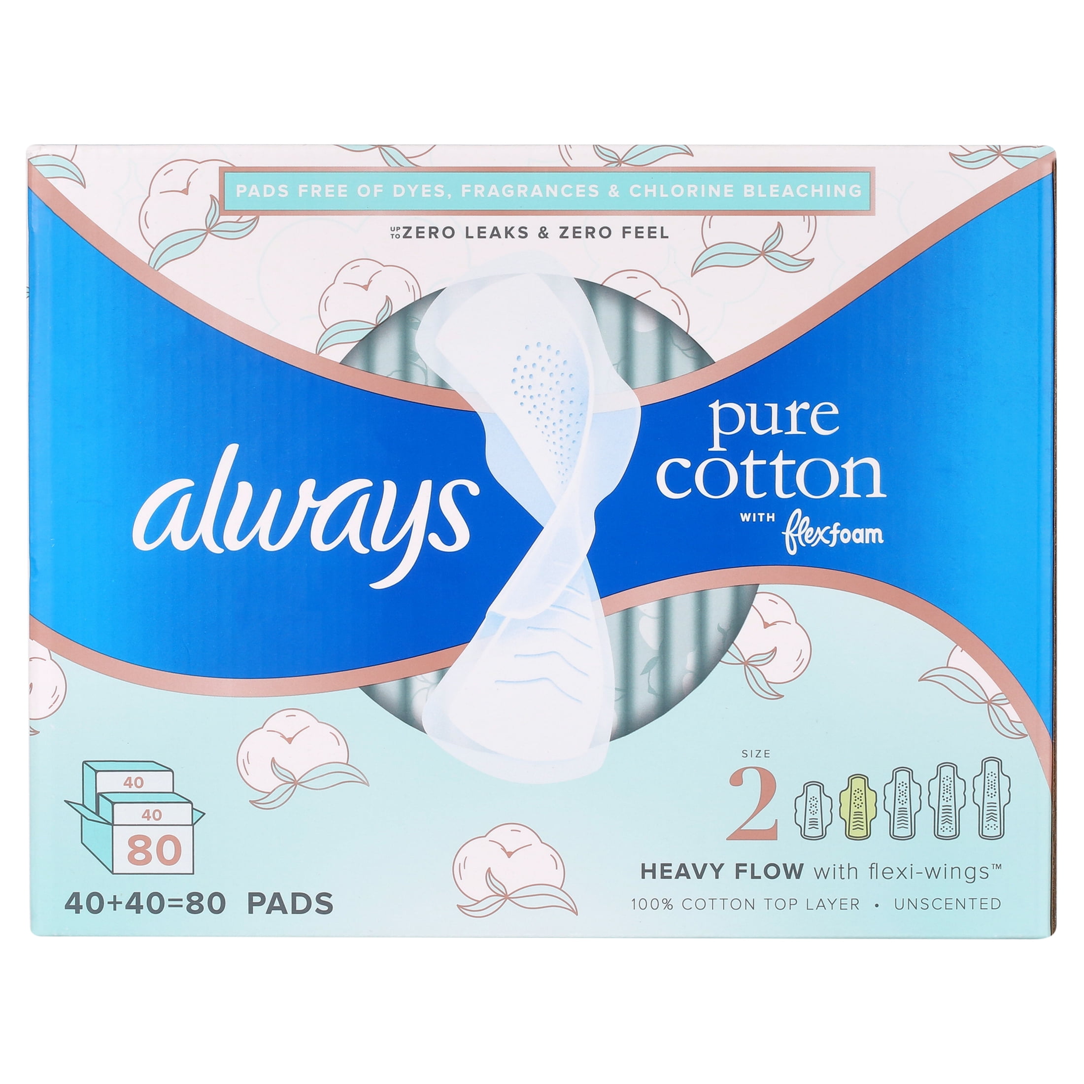 Always Pure Cotton with Flexfoam Pads, Size 2, 80 Count