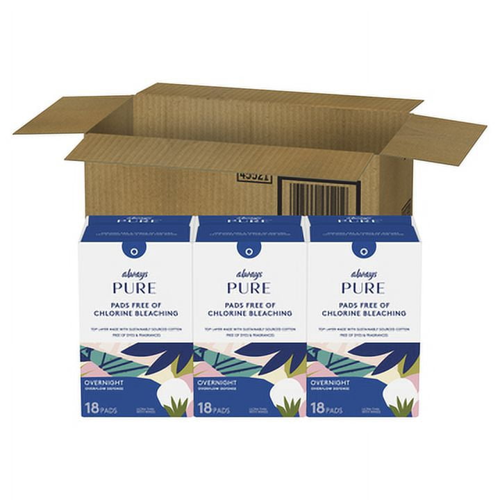 Always Pure Ultra Thin Overnight Pads with Wings, Unscented, 54 ct