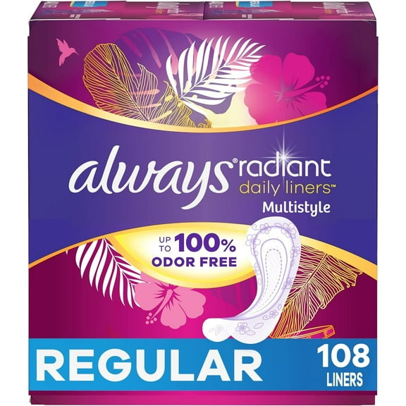 Always Radiant Daily Multistyle Liners Regular Absorbency Unscented, Up to 100% Odor-Free, 108 Count