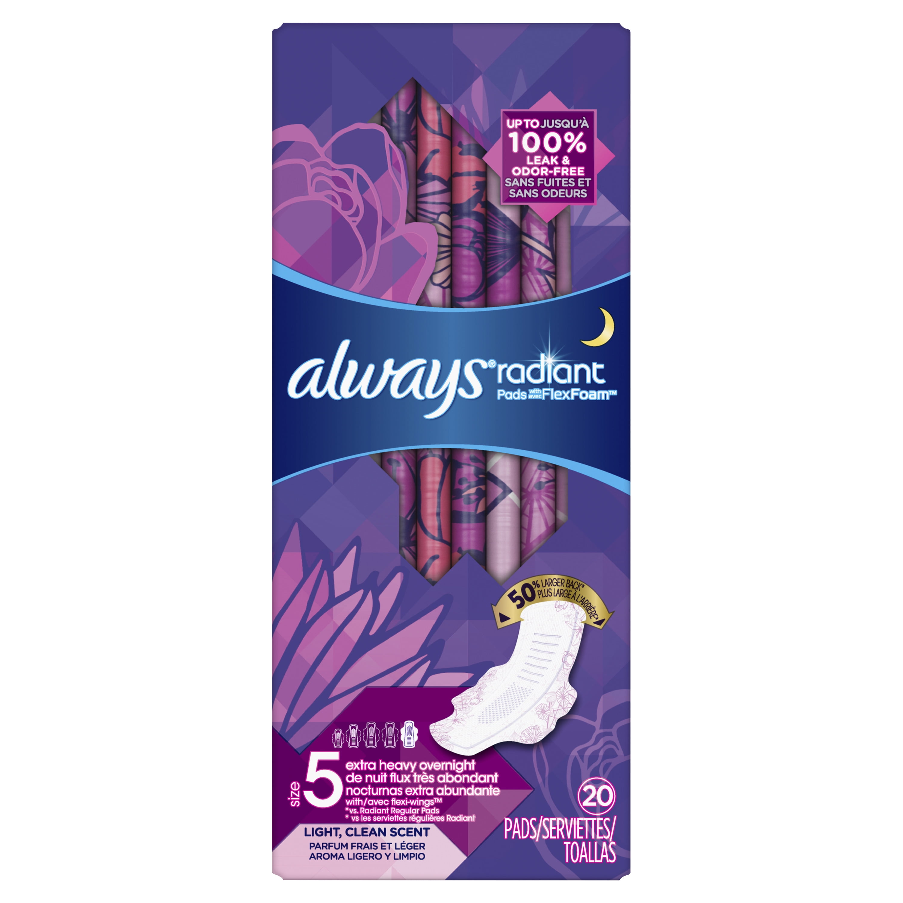 Always Radiant Extra Heavy Overnight Pads, Light Clean Scent, Size 5, 20 Ct