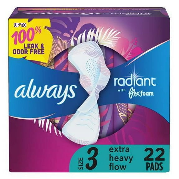 Always Radiant Feminine Pads For Women, Size 3 Extra Heavy Flow Absorbency, With Flexfoam, With Wings, Scented, 22 Count - Pack of 2
