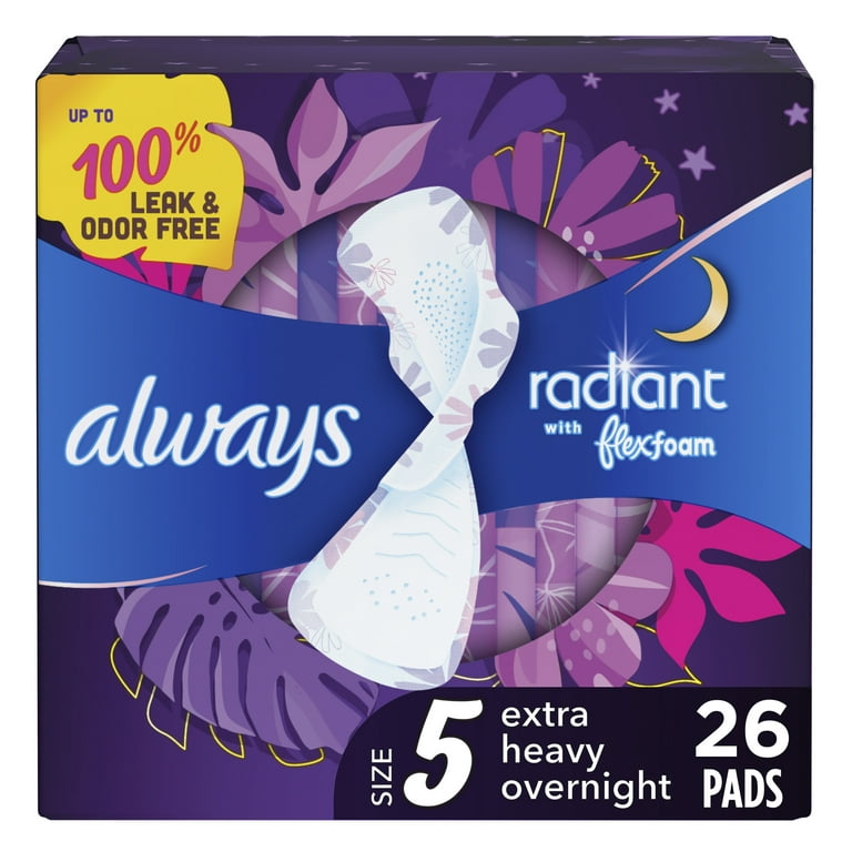Always Radiant Feminine Pads, Size 5 Extra Heavy Overnight, with Wings, 26  CT