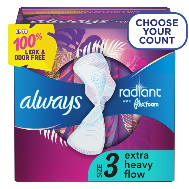 Always Radiant Feminine Pads for Women, Size 3, Extra Heavy Flow, with