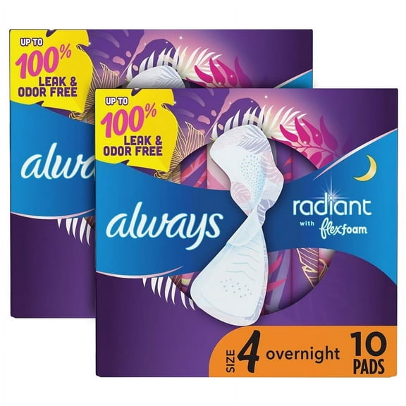 Always Radiant Feminine Pads for Women, Size 4, 10 Count, Overnight Absorbency, With Wings, Scented (2 PACK)
