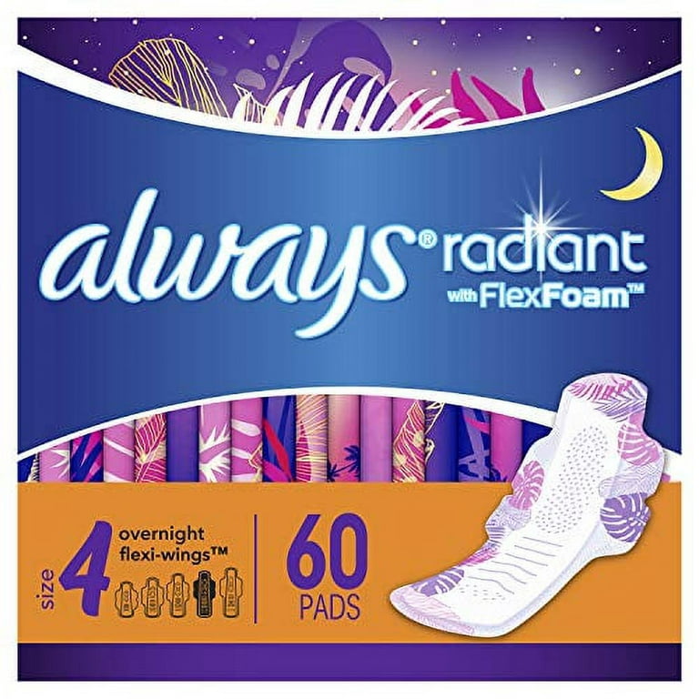 Always Radiant Feminine Pads for Women, Size 4, 60 Count, Overnight  Absorbency, With Wings, Scented (20 Count, Pack of 3 - 60 Count Total)