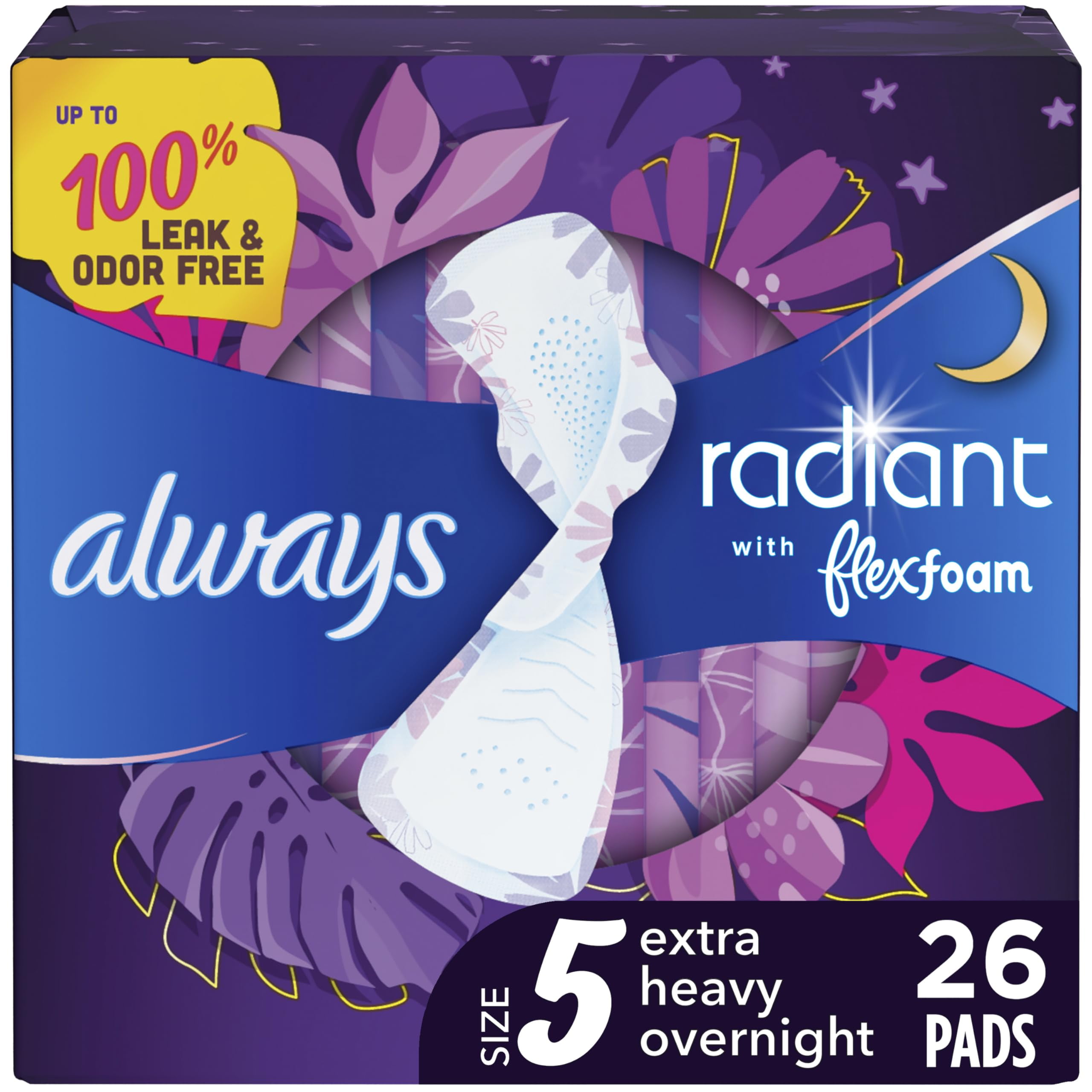 Always Radiant Feminine Pads for Women, Size 5 Extra Heavy Overnight Pads, with Flexfoam, with Wings, Light Clean Scent, 26 count (Pack of 1)