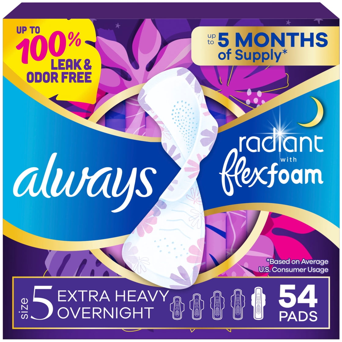 Always Radiant with Flex Foam Pads, Size 5, Extra Heavy Overnight, with Wings, 54 Count