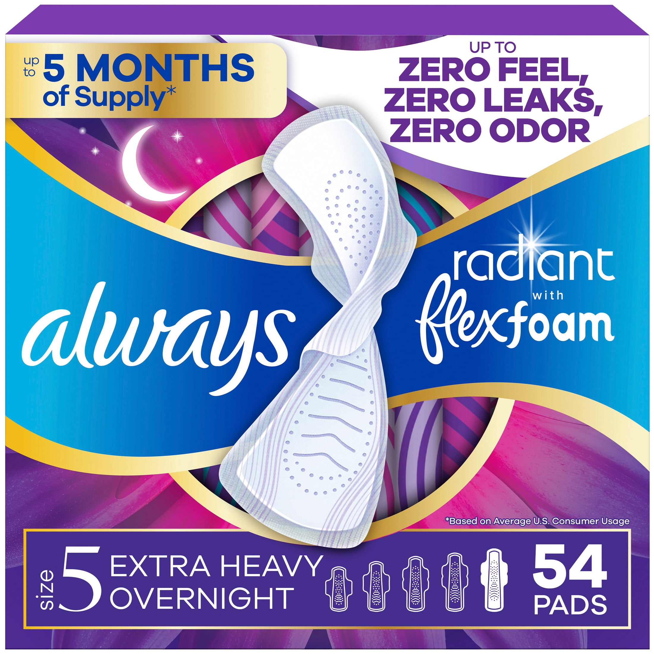 Always Radiant with Flex Foam Pads, Size 5, Extra Heavy Overnight, with Wings, 54 Count