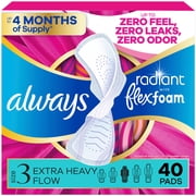 Always Pads, Always Radiant FlexFoam Pads for Women, Size 3, Extra Heavy Pad with Wings, Scented, 40 Count