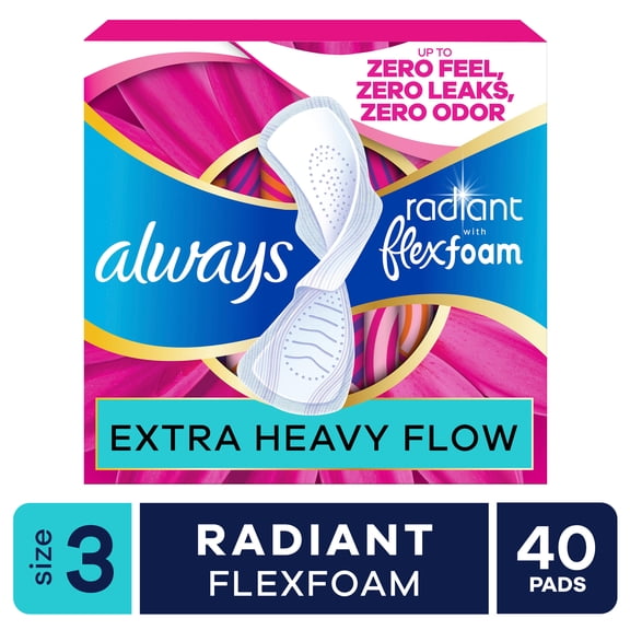 Always Radiant with FlexFoam Pads, Size 3, Extra Heavy, Wings, 40 Count