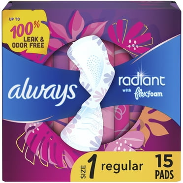 Always Radiant Feminine Pads with Wings, Size 1, Regular Absorbency, Scented, 15 Count